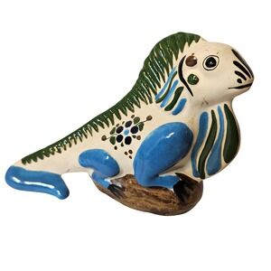 Mexican Tonala Pottery Iguana Figurine Hand Painted Blue Green Folk Art 7.5in